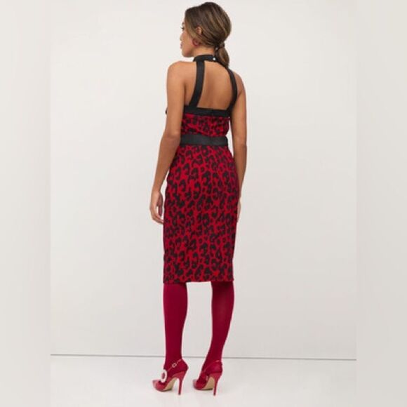 NEW NY&C Red Black Leopard Lace Trim Halter Dress Size M - Picture 2 of 12